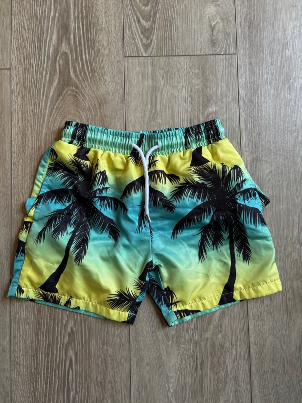 Sunset Palm Tree Swim Trunks Yellow & Teal